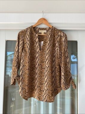 Michael Kors Tan and Brown Snake-Print Split-Neck Blouse